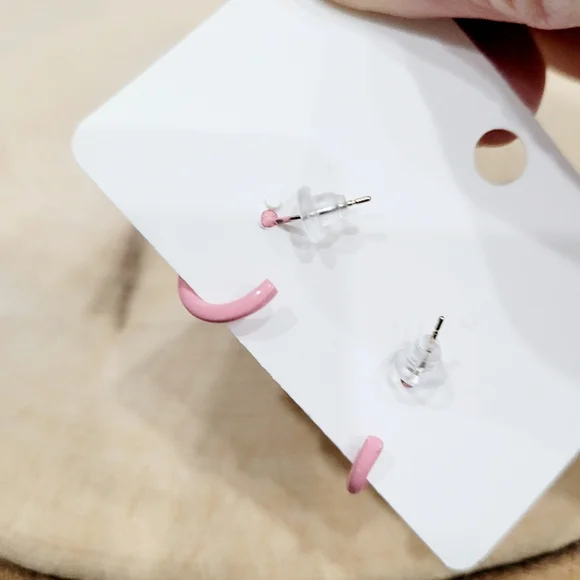 Brand New Silver Tone Pink Mini Hoops Earrings - Picture 4 of 5